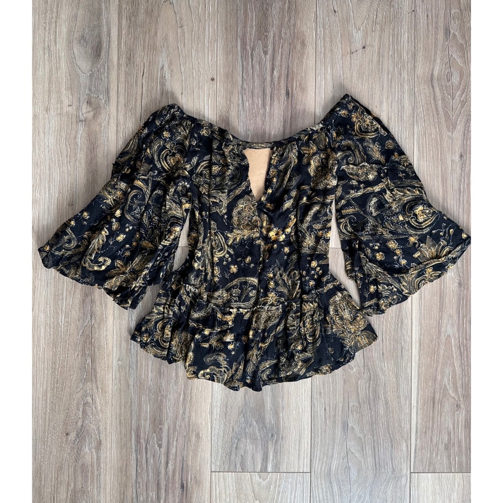 Sun & Shadow XS Metallic Paisley Bell Sleeve Peplum Top Dark Romantic Witch